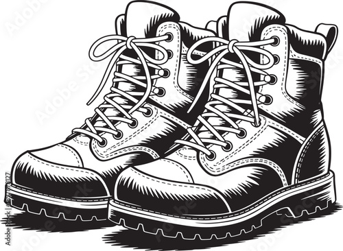 Black and white of work boots shoes