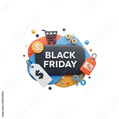 Black Friday sale promotion with shopping cart and discount elements, colorful 3D render illustration