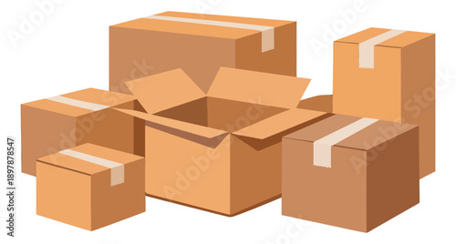 Cartoon style shipping box set featuring closed and open cardboard boxes with tape for packaging, delivery, and moving