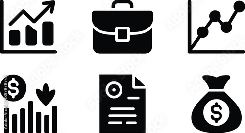 Set of six finance related icons in black silhouette vector illustration hand drawn style featuring investment chart briefcase stock market insurance