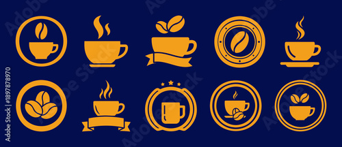Collection of diverse coffee icons in golden yellow for cafe and beverage branding Vector