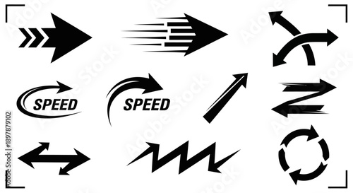 Collection of black arrow symbols depicting speed and direction