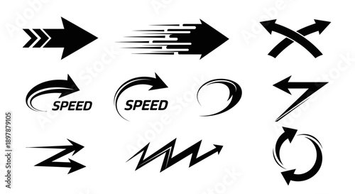 Collection of various black arrow and speed related graphic elements