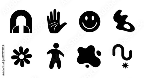 Collection of minimalist black icons featuring abstract shapes and symbols