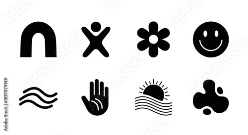 Collection of minimalist black icons depicting various symbols and shapes