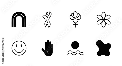 Minimalist black and white icons featuring abstract shapes and symbols