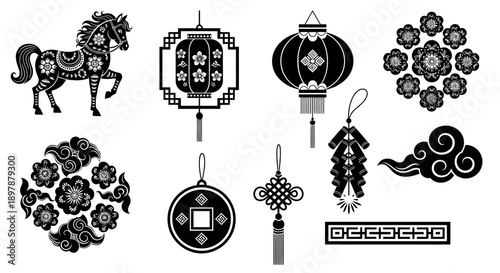 Black and white illustration of chinese new year decorative elements