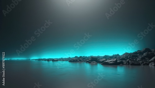 Serene Coastal Landscape Under a Turquoise Luminous Sky Reflecting on Calm Water with Textured Rocky Shoreline