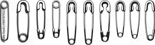 Black safety pins on white background isolated metal fasteners
