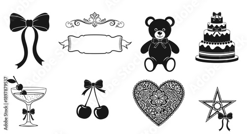 Black and white illustrations of celebratory objects and decorative elements