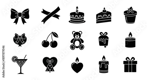 Collection of celebratory icons including cake gifts and party decorations