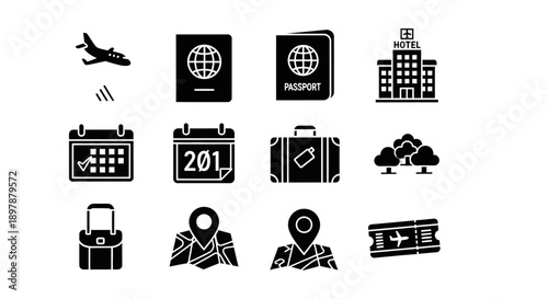 Travel icons including plane passport landmarks and navigation elements