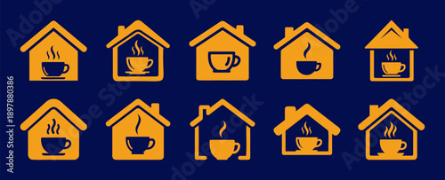Orange house icons with coffee cups showing comfort and home brew Vector