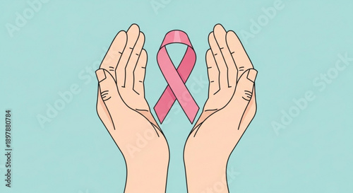 Support and Awareness: Two hands cradling a delicate pink ribbon, a universal symbol of hope, support, and the ongoing fight against breast cancer. It's a visual embodiment of unity, compassion.