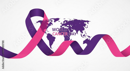 World Cancer Day Symbol: A vibrant visual symbol featuring a ribbon intertwining with a world map, commemorating World Cancer Day.