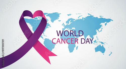 World Cancer Day Awareness: A vibrant ribbon, symbolizing the fight against cancer, intertwines over a world map, marking a day of global awareness and solidarity.