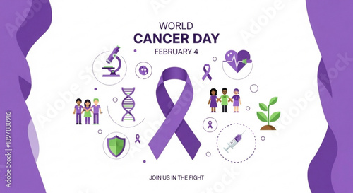 World Cancer Day: Illustration of awareness and support for World Cancer Day, featuring a purple ribbon, DNA strands, medical equipment, and people.