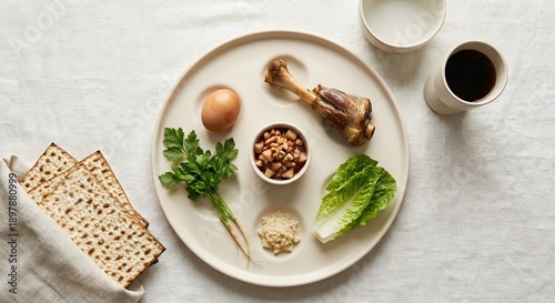 Minimalist modern ceramic Seder plate setup on linen tablecloth for Passover celebration