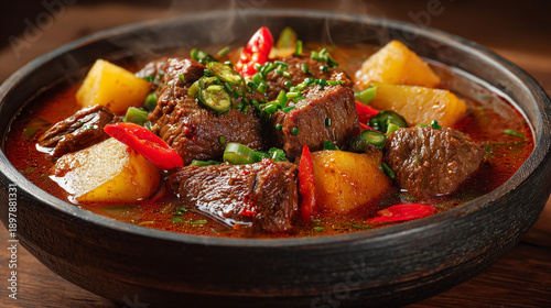 Hearty beef and potato stew with red chili peppers and green onions in a dark ceramic bowl.