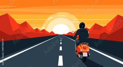 A breathtaking vector illustration of a person riding a scooter on a long, straight road towards a vibrant sunset in a mountainous landscape
