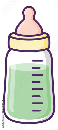 Hand drawn illustration of a baby bottle depicting green liquid for baby feeding