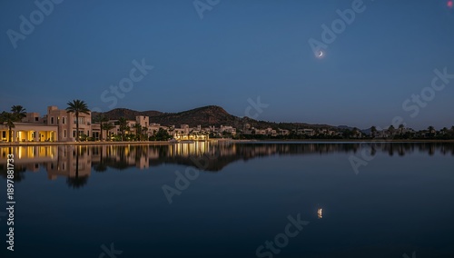 Luxury resort town by serene lake at dusk with crescent moon
