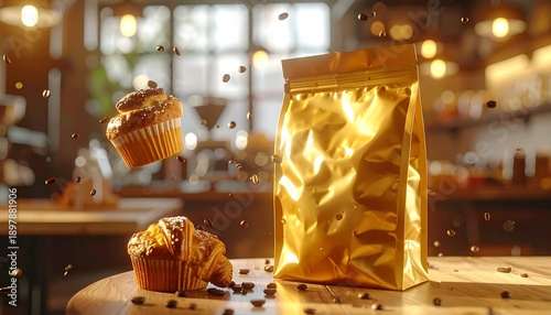 Cafe scene with a gold pouch, muffins, and scattered coffee beans