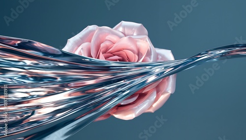 Beautiful, soft pink rose with delicate, unfurling petals is elegantly intertwined with a shimmering, fluid metallic ribbon, displaying reflective chrome like surfaces