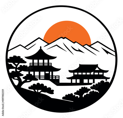 Silhouette illustration of a japanese landscape depicting traditional pagodas and mountains with a rising sun for cultural travel