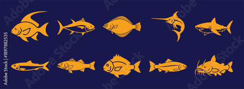 A diverse collection of golden fish silhouettes on a deep blue background showcasing various aquatic species Vector