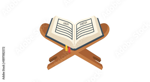open holy islamic book quran for reading on wooden stand rehal in flat vector illustration style for ramadan kareem mubarak and eid al adha celebration