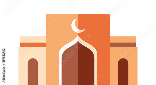 ramadan kareem mubarak mosque building icon with crescent moon for islamic eid al adha and eid al fitr celebration in flat vector illustration