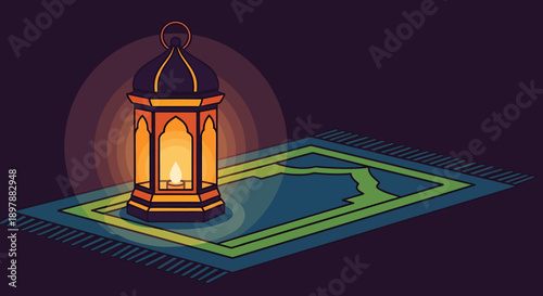 Glowing ramadan lantern on a prayer rug, symbolizing islamic tradition and spiritual devotion in a dark setting