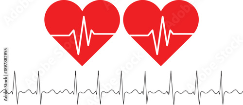 Red hearts with ecg line on white background medical symbols