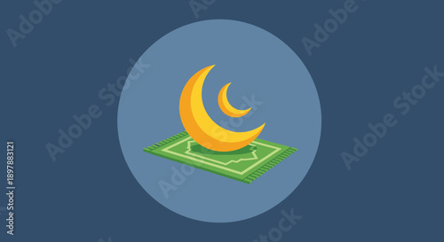 Isometric prayer rug with yellow crescent moon icons on blue circle background vector illustration. Muslim worship carpet and moon phase symbols for ramadan kareem concepts