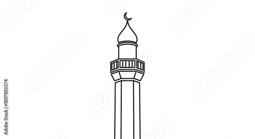 Detailed mosque minaret tower with crescent moon vector illustration of islamic architecture for ramadan kareem religion faith celebration isolated on white background artwork