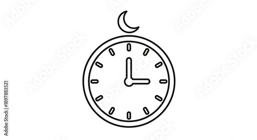 Wall clock with crescent moon at twelve oclock position for ramadan fasting schedule and night prayer time management concept in simple line art vector style for islamic design