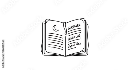 Open holy book with Arabic script and crescent moon, sacred religious text, Islamic scripture, spiritual reading, Quranic verses, devotional material, prayer book, holy scripture.