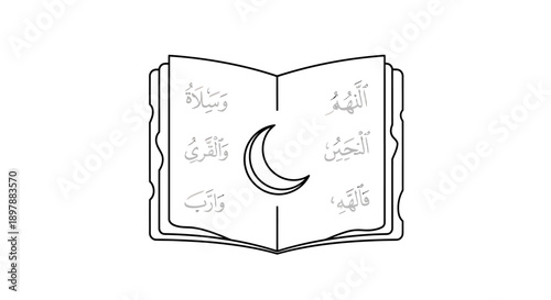 Open religious book with Arabic text and moon symbol, Islamic prayers, spiritual verses, devotional reading material, sacred writings, faith-based literature, prayer and supplication.
