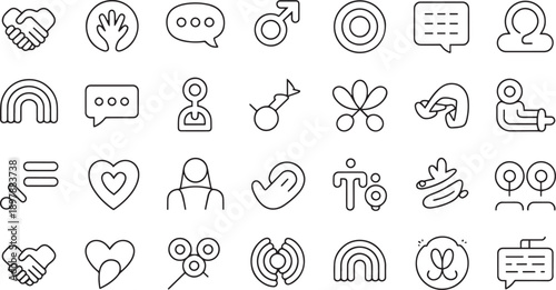 Collection of Minimalist Line Icons Featuring Gender Symbols and Communication Elements Isolated on Transparent Background