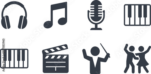 Comprehensive music and entertainment icon set featuring headphones, musical notes, microphones, piano keys, movie clapperboards, and performing arts dance symbols.