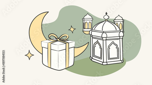 Celebrating the joyful traditions of eid with gifts and a beautifully designed mosque illustration isolated on white background, Vector