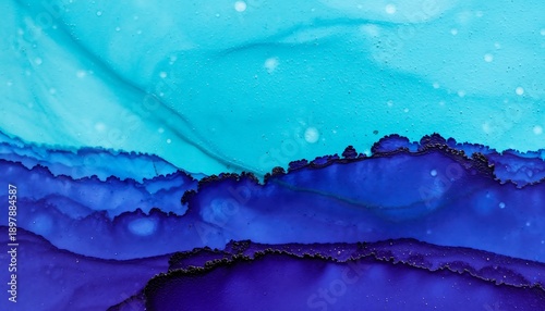 Mesmerizing close up macro photography of vibrant alcohol ink fluid art creating abstract layers of deep indigo, brilliant sapphire, and bright cyan blue gradients with