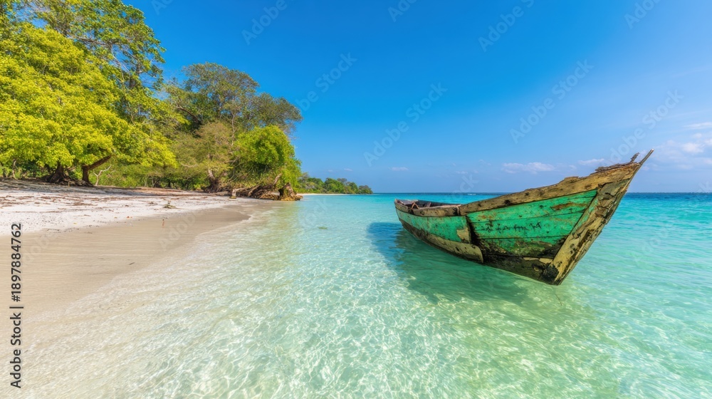 Obraz premium Boat rests on clear water near sandy beach with green trees in the background