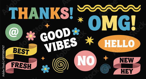Colorful retro sticker set, playful hand drawn typography, good vibes phrases, speech bubbles, social media elements, fun illustration, black background