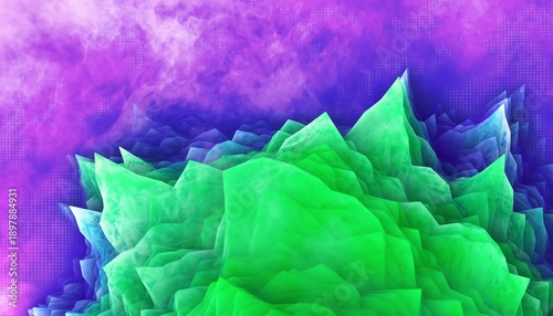Vibrant abstract digital landscape featuring sharply angled crystalline mountain peaks rendered in vivid neon green and deep sapphire blue hues, set against a dramatic