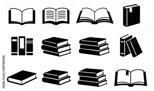 Minimalist book icon set featuring open and closed books, stacked piles, and spines for education and reading