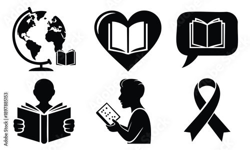 Bundle world book day silhouette global education and braille vector set