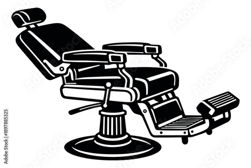 Vintage line art illustration of a barber's chair depicting a retro design for a barbershop or grooming concept