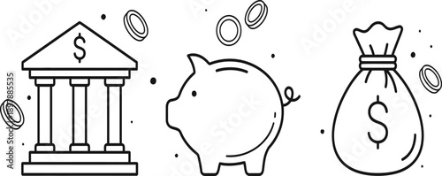 Financial banking line icon set featuring a bank building, piggy bank, money bag with dollar sign, and falling gold coins.